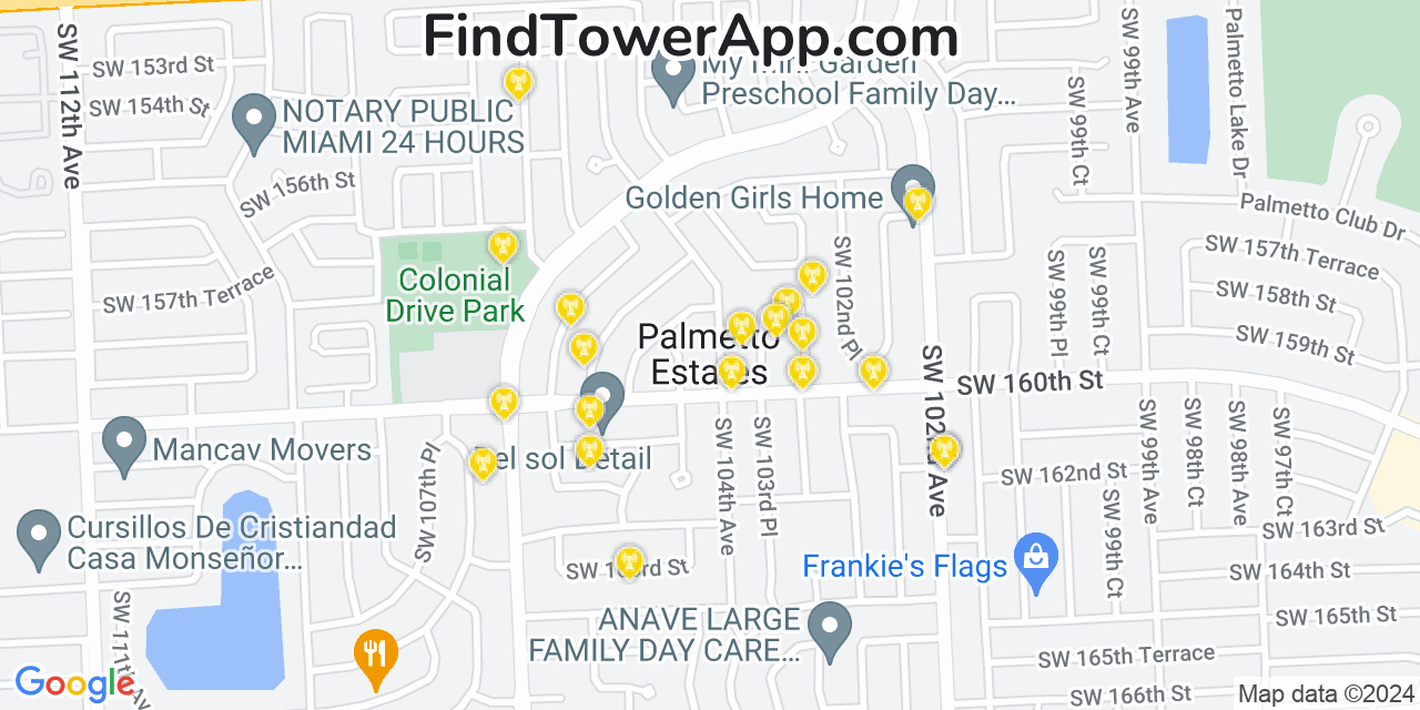 AT&T 4G/5G cell tower coverage map Palmetto Estates, Florida