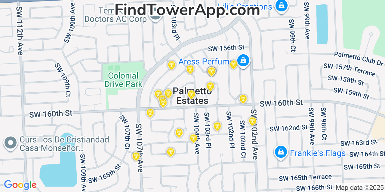 Map showing the 20 primary cell tower locations detected in Palmetto Estates, Florida from AT&T, Verizon, and T-Mobile networks