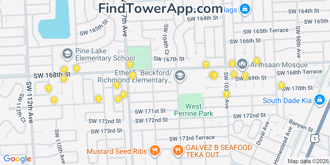 Map showing the 20 primary cell tower locations detected in Palmetto Estates, Florida from AT&T, Verizon, and T-Mobile networks