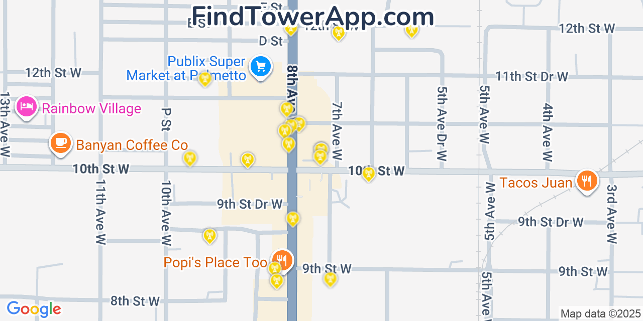 Map showing the 20 primary cell tower locations detected in Palmetto, Florida from AT&T, Verizon, and T-Mobile networks