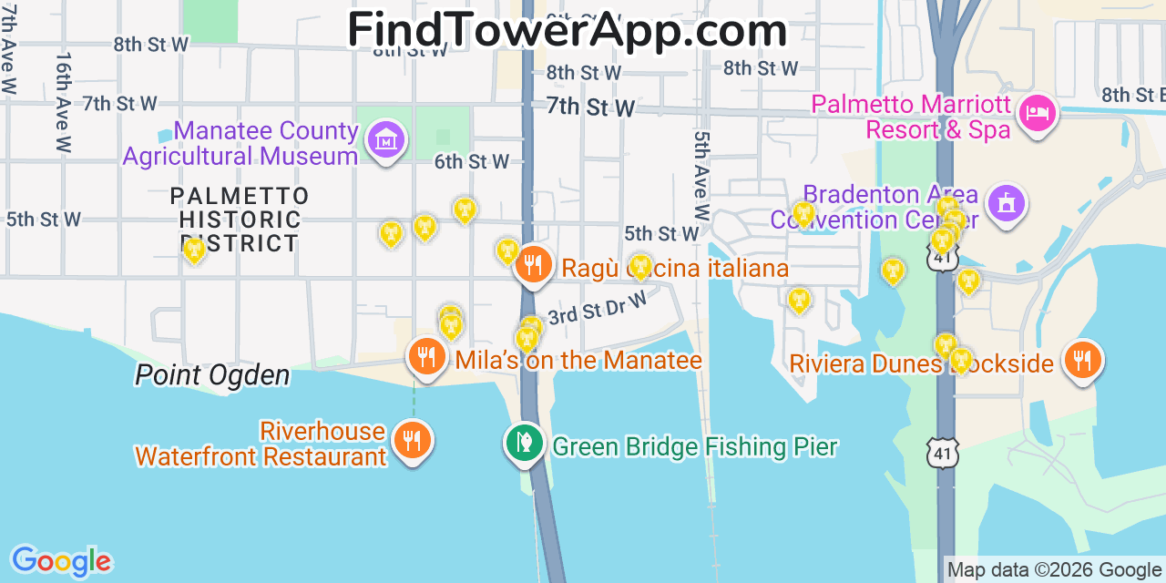 Map showing the 20 primary cell tower locations detected in Palmetto, Florida from AT&T, Verizon, and T-Mobile networks