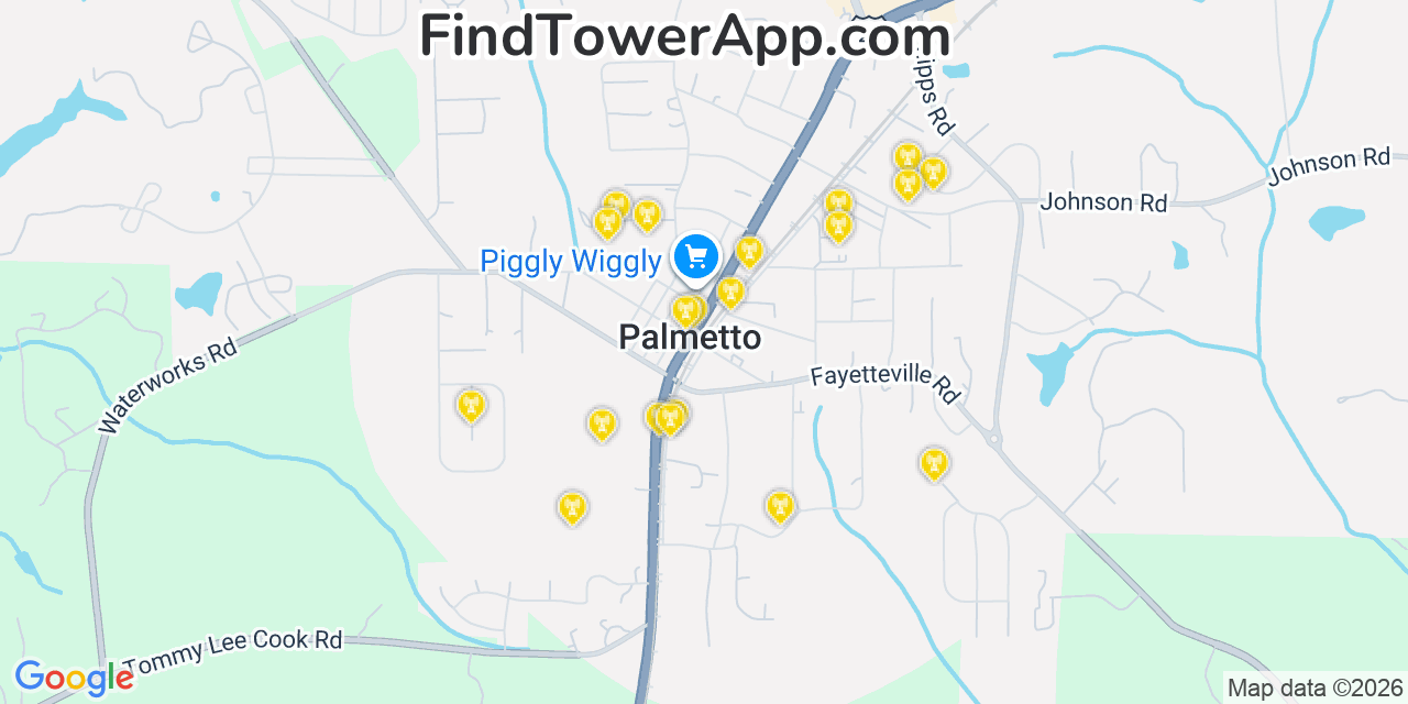 Map showing the 20 primary cell tower locations detected in Palmetto, Georgia from AT&T, Verizon, and T-Mobile networks