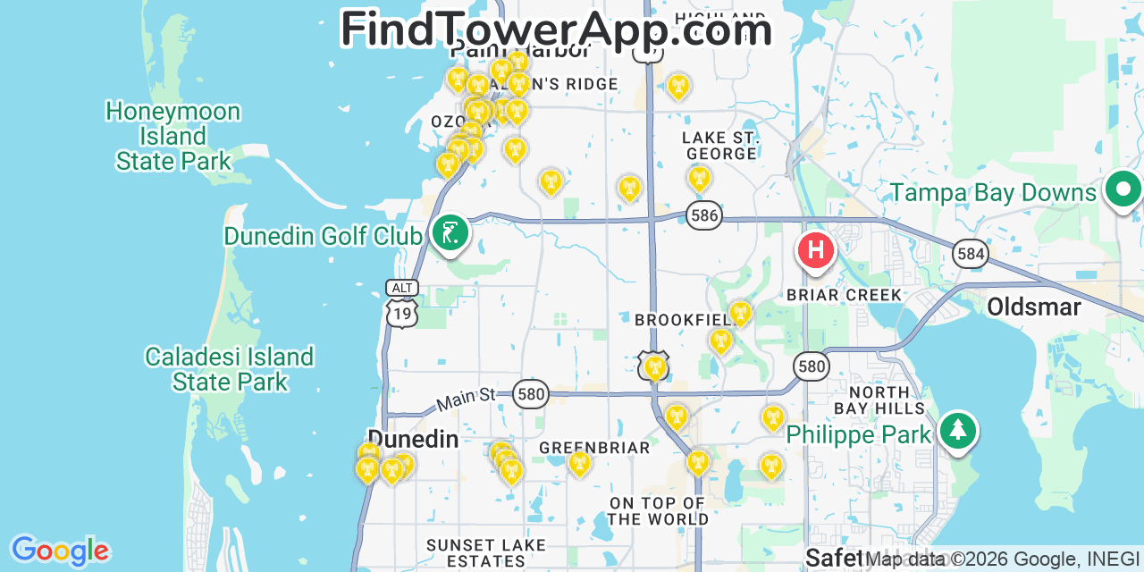 Map showing the 36 primary AT&T cell tower locations detected in Palmharbor, Florida with coverage radius and signal strength indicators