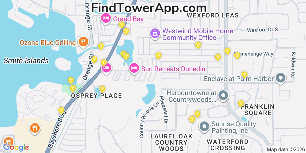 Map showing the 20 primary cell tower locations detected in Palmharbor, Florida from AT&T, Verizon, and T-Mobile networks