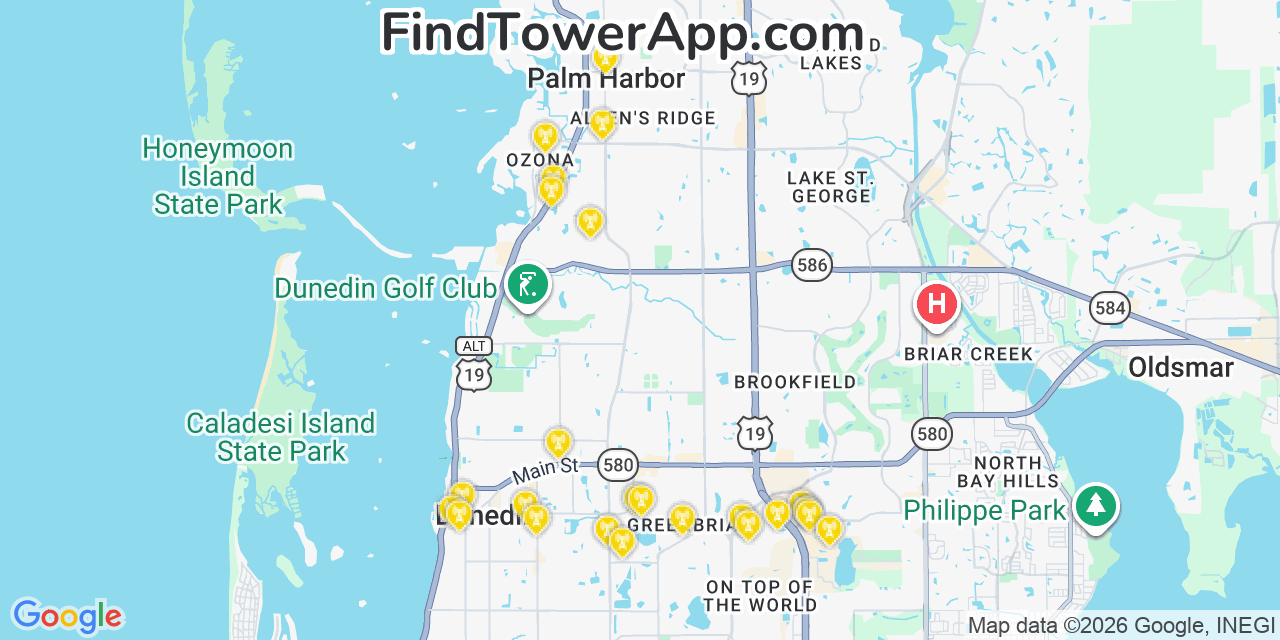 Map showing the 25 primary Verizon cell tower locations detected in Palmharbor, Florida with coverage radius and signal strength indicators