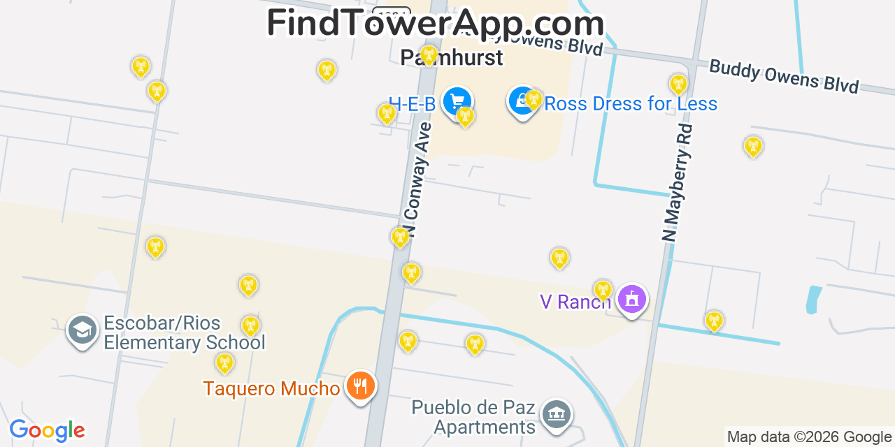 Map showing the 20 primary cell tower locations detected in Palmhurst, Texas from AT&T, Verizon, and T-Mobile networks