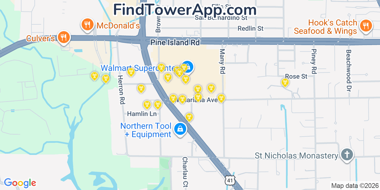 Map showing the 20 primary cell tower locations detected in Palmona Park, Florida from AT&T, Verizon, and T-Mobile networks
