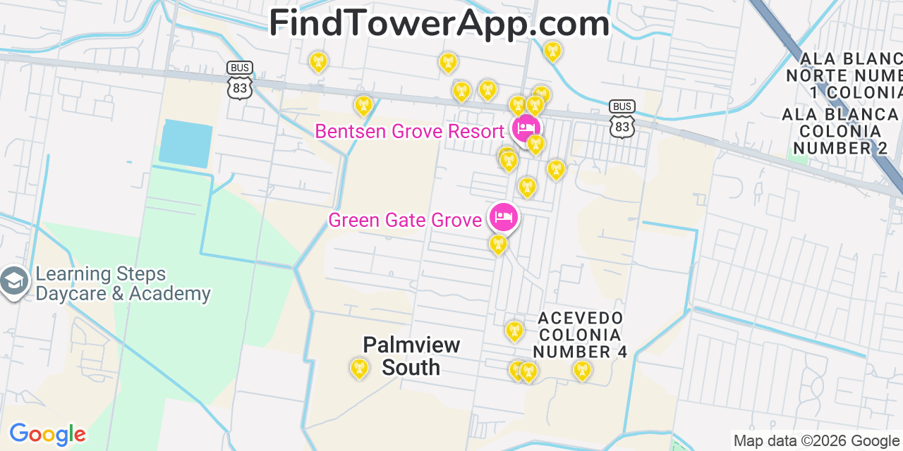 Map showing the 20 primary cell tower locations detected in Palmview South, Texas from AT&T, Verizon, and T-Mobile networks