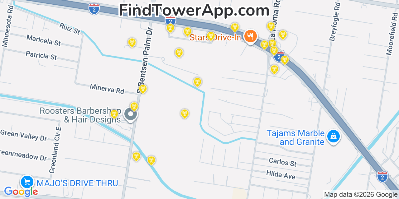 Map showing the 20 primary cell tower locations detected in Palmview, Texas from AT&T, Verizon, and T-Mobile networks