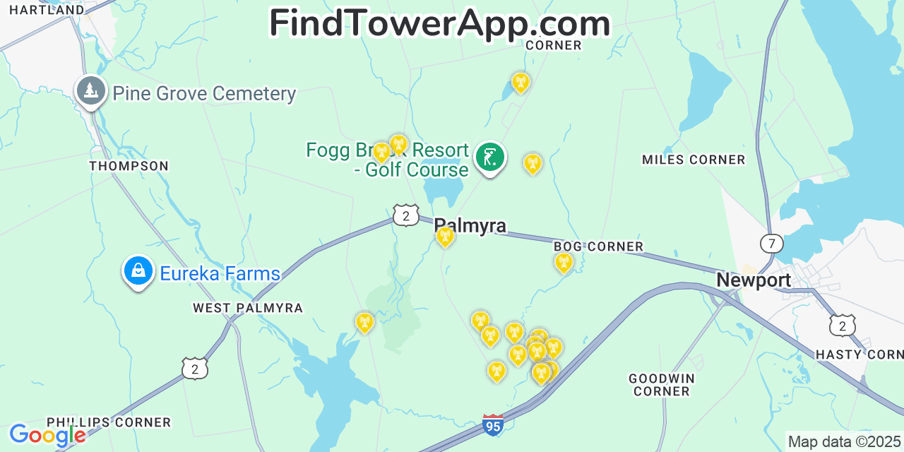 Map showing the 20 primary cell tower locations detected in Palmyra, Maine from AT&T, Verizon, and T-Mobile networks