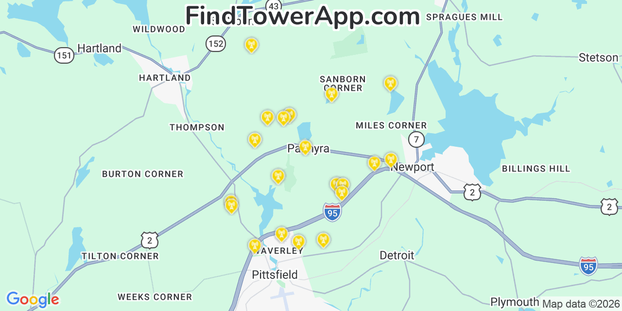Map showing the 20 primary cell tower locations detected in Palmyra, Maine from AT&T, Verizon, and T-Mobile networks