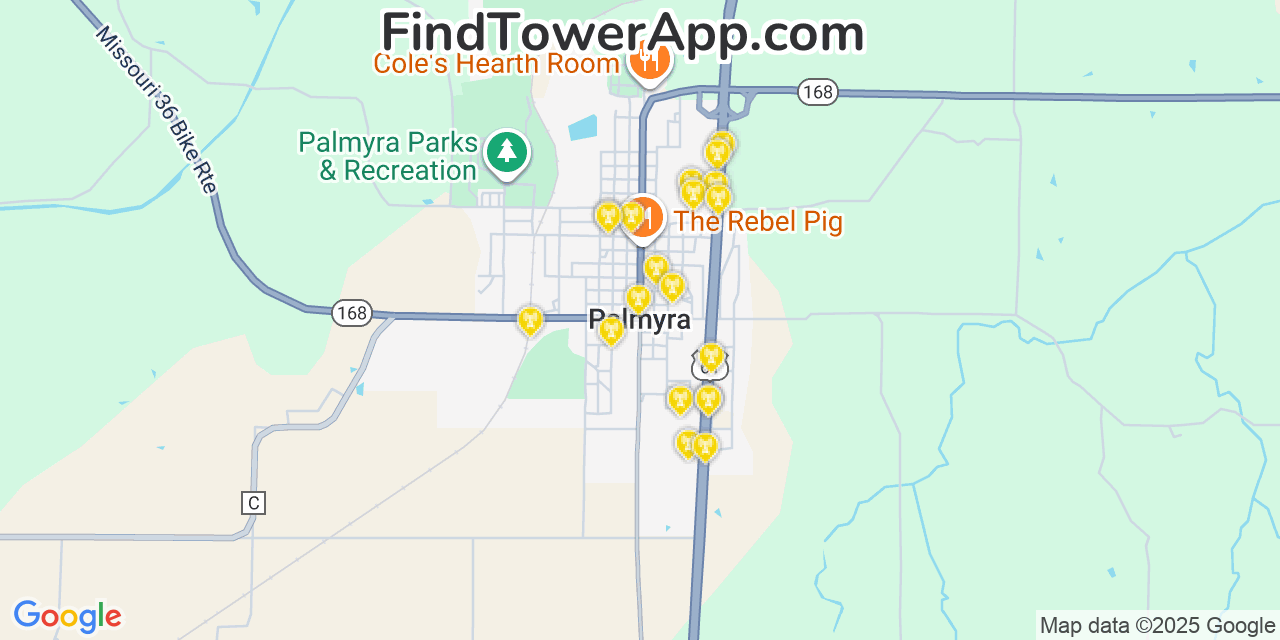 Map showing the 20 primary cell tower locations detected in Palmyra, Missouri from AT&T, Verizon, and T-Mobile networks
