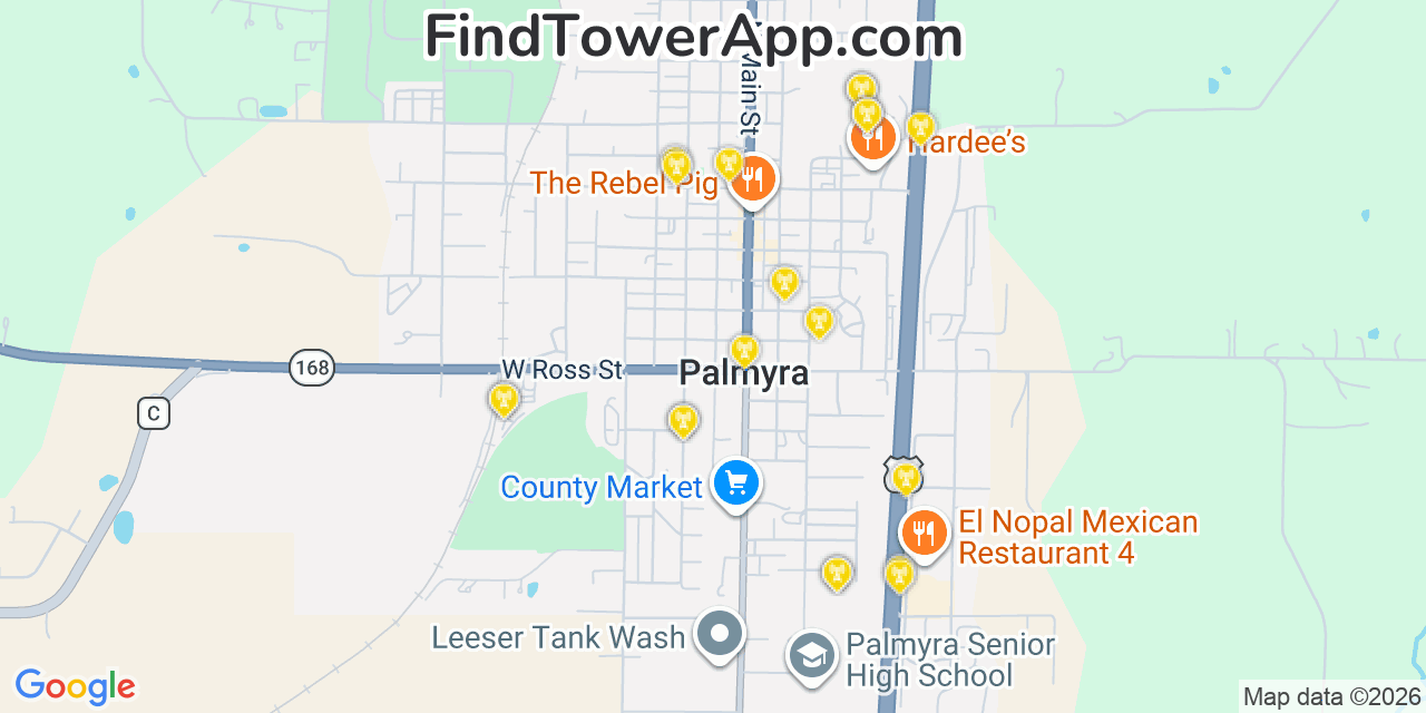 Map showing the 20 primary cell tower locations detected in Palmyra, Missouri from AT&T, Verizon, and T-Mobile networks