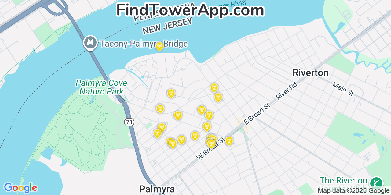 Map showing the 20 primary cell tower locations detected in Palmyra, New Jersey from AT&T, Verizon, and T-Mobile networks