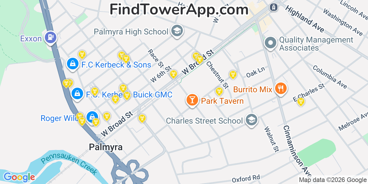 Map showing the 20 primary cell tower locations detected in Palmyra, New Jersey from AT&T, Verizon, and T-Mobile networks