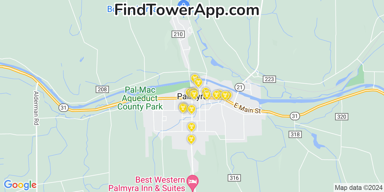 AT&T 4G/5G cell tower coverage map Palmyra, New York