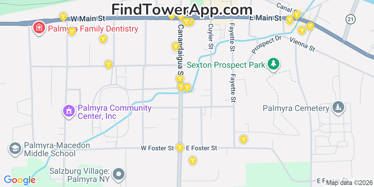 Map showing the 20 primary cell tower locations detected in Palmyra, New York from AT&T, Verizon, and T-Mobile networks
