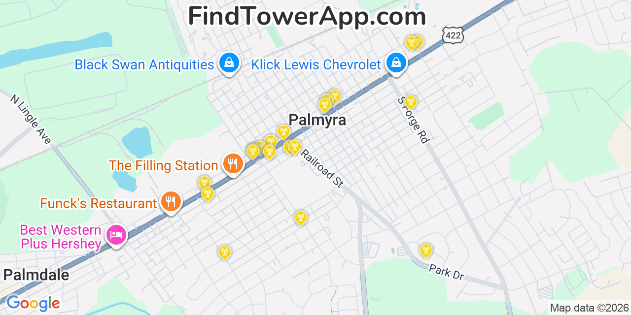 Map showing the 20 primary cell tower locations detected in Palmyra, Pennsylvania from AT&T, Verizon, and T-Mobile networks