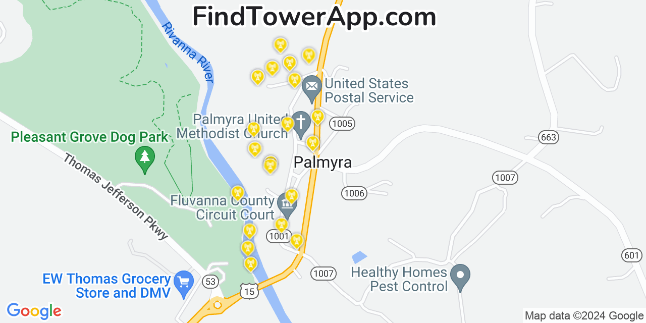 AT&T 4G/5G cell tower coverage map Palmyra, Virginia