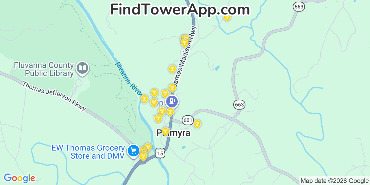 Map showing the 20 primary cell tower locations detected in Palmyra, Virginia from AT&T, Verizon, and T-Mobile networks