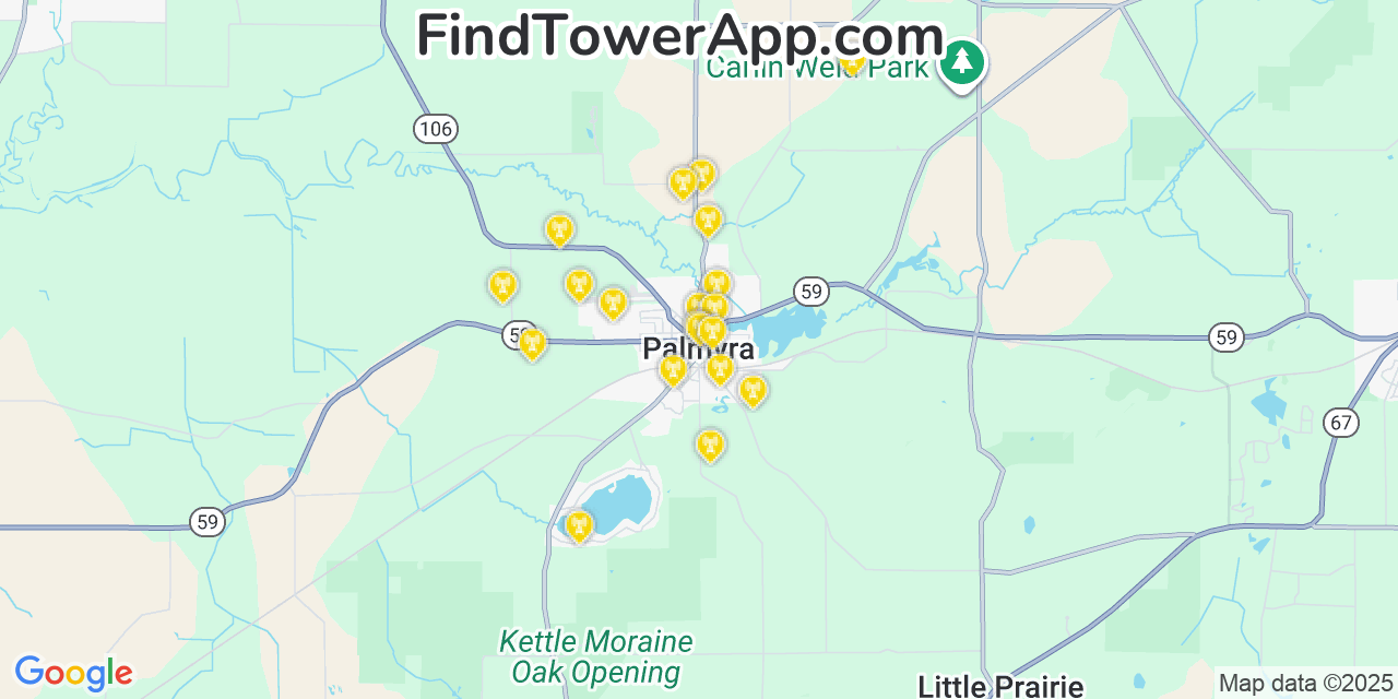 Map showing the 20 primary cell tower locations detected in Palmyra, Wisconsin from AT&T, Verizon, and T-Mobile networks