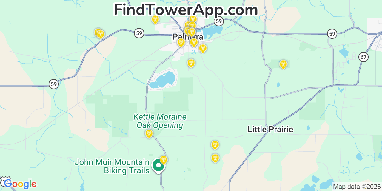 Map showing the 20 primary cell tower locations detected in Palmyra, Wisconsin from AT&T, Verizon, and T-Mobile networks
