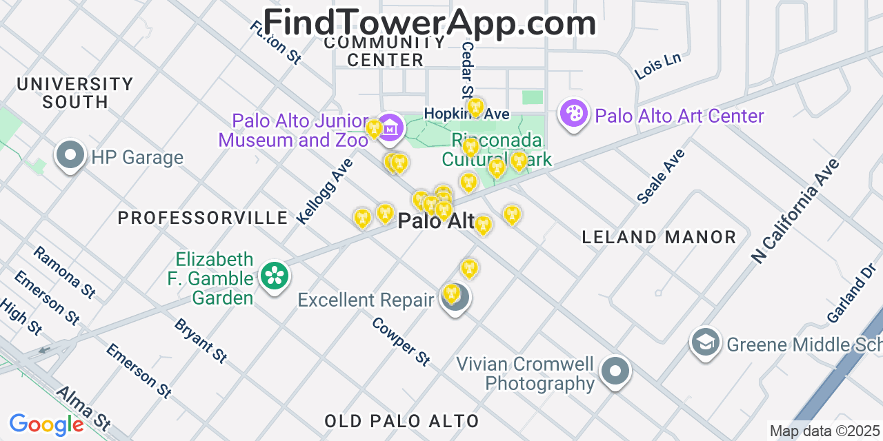 Map showing the 20 primary cell tower locations detected in Palo Alto, California from AT&T, Verizon, and T-Mobile networks