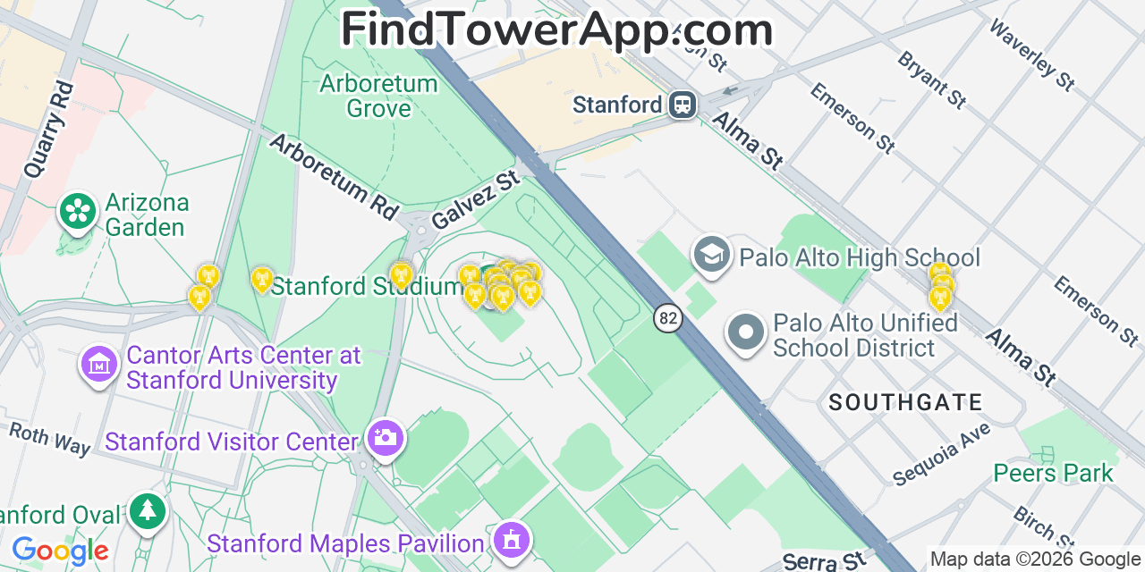 Map showing the 20 primary cell tower locations detected in Palo Alto, California from AT&T, Verizon, and T-Mobile networks