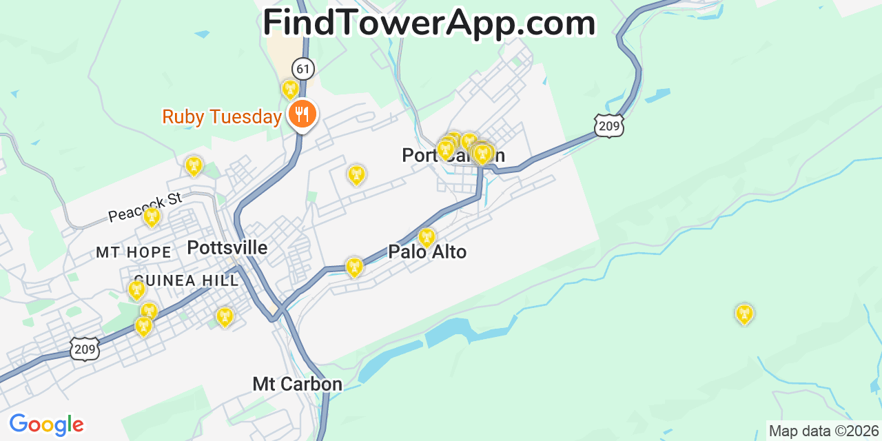 Map showing the 20 primary cell tower locations detected in Palo Alto, Pennsylvania from AT&T, Verizon, and T-Mobile networks