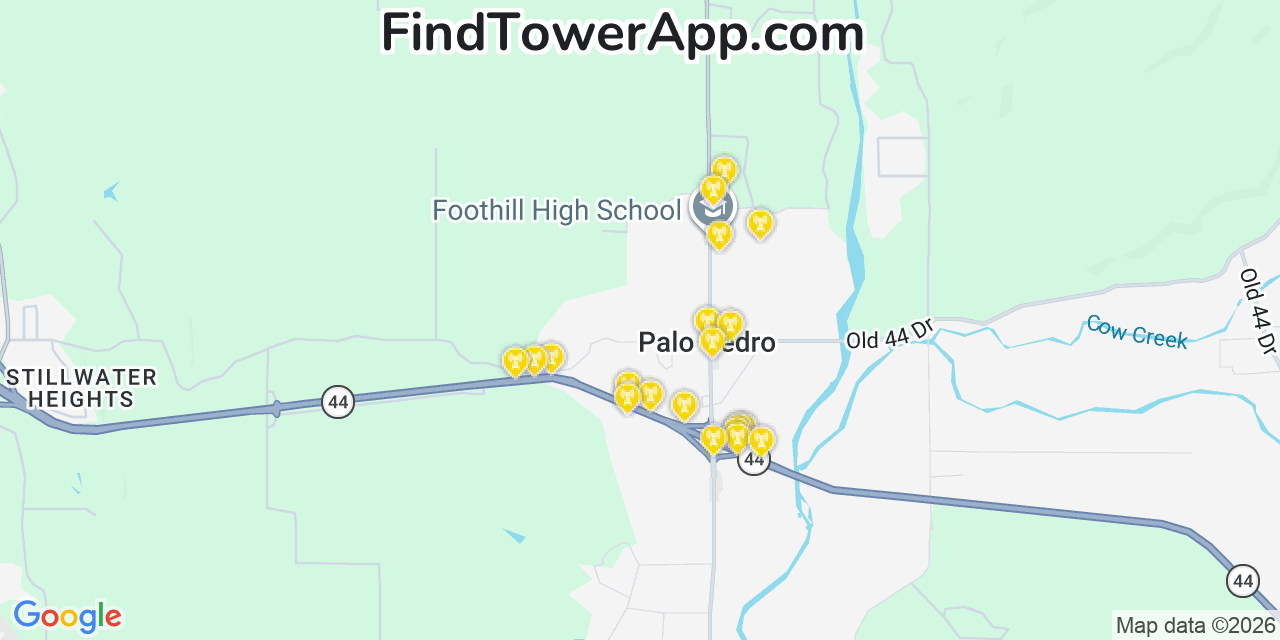 Map showing the 20 primary cell tower locations detected in Palo Cedro, California from AT&T, Verizon, and T-Mobile networks