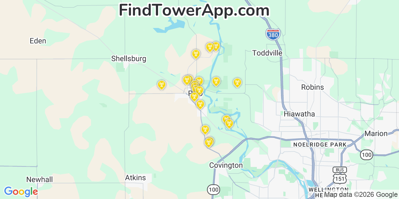 Map showing the 20 primary cell tower locations detected in Palo, Iowa from AT&T, Verizon, and T-Mobile networks