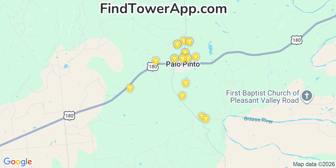 Map showing the 20 primary cell tower locations detected in Palo Pinto, Texas from AT&T, Verizon, and T-Mobile networks