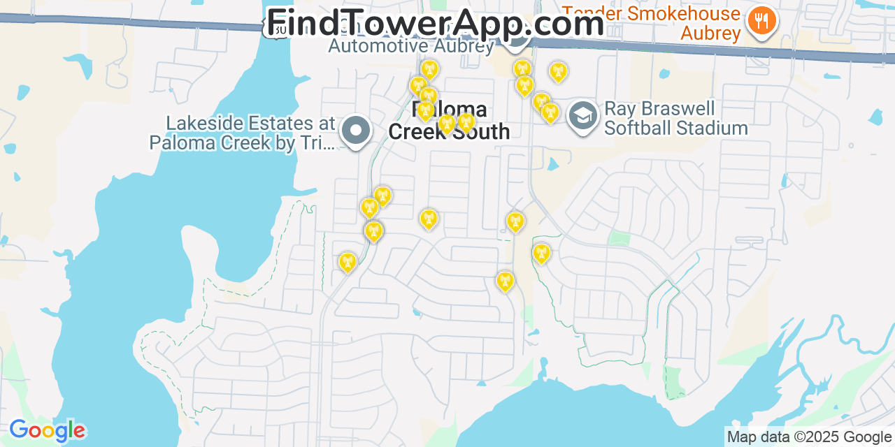 Map showing the 20 primary cell tower locations detected in Paloma Creek South, Texas from AT&T, Verizon, and T-Mobile networks