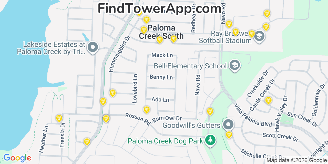 Map showing the 20 primary cell tower locations detected in Paloma Creek South, Texas from AT&T, Verizon, and T-Mobile networks
