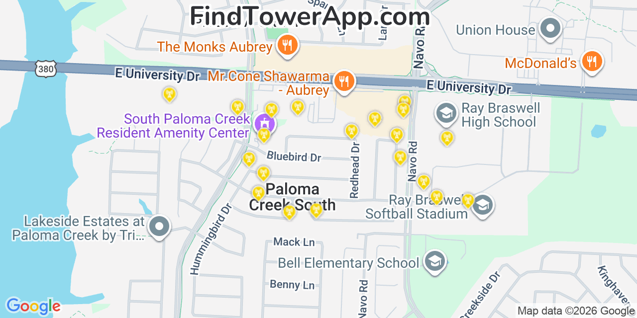 Map showing the 20 primary cell tower locations detected in Paloma Creek, Texas from AT&T, Verizon, and T-Mobile networks