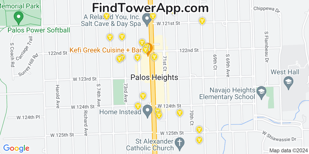 AT&T 4G/5G cell tower coverage map Palos Heights, Illinois