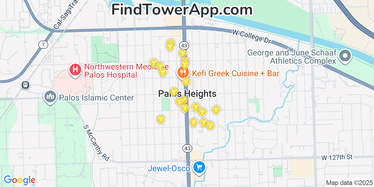 Map showing the 20 primary cell tower locations detected in Palos Heights, Illinois from AT&T, Verizon, and T-Mobile networks