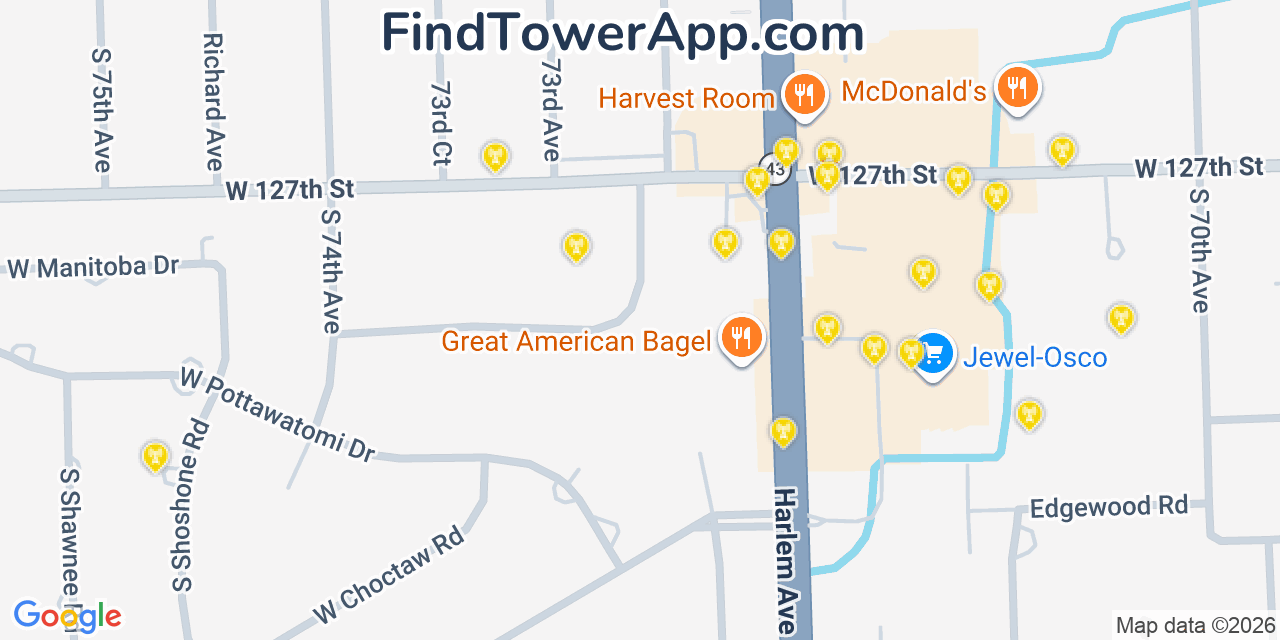 Map showing the 20 primary cell tower locations detected in Palos Heights, Illinois from AT&T, Verizon, and T-Mobile networks