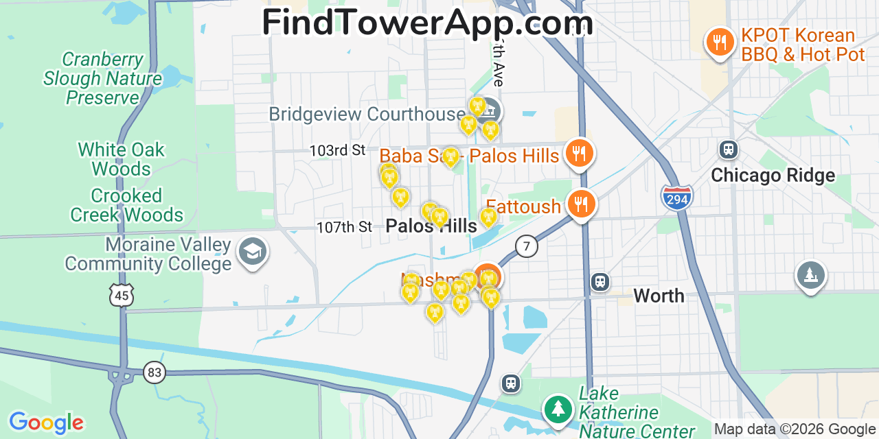 Map showing the 20 primary cell tower locations detected in Palos Hills, Illinois from AT&T, Verizon, and T-Mobile networks