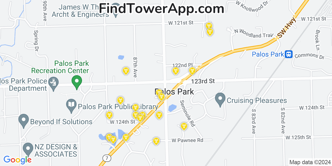 AT&T 4G/5G cell tower coverage map Palos Park, Illinois