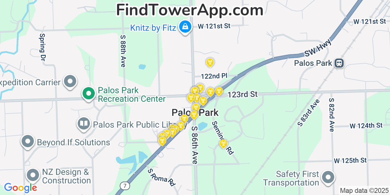 Map showing the 20 primary cell tower locations detected in Palos Park, Illinois from AT&T, Verizon, and T-Mobile networks