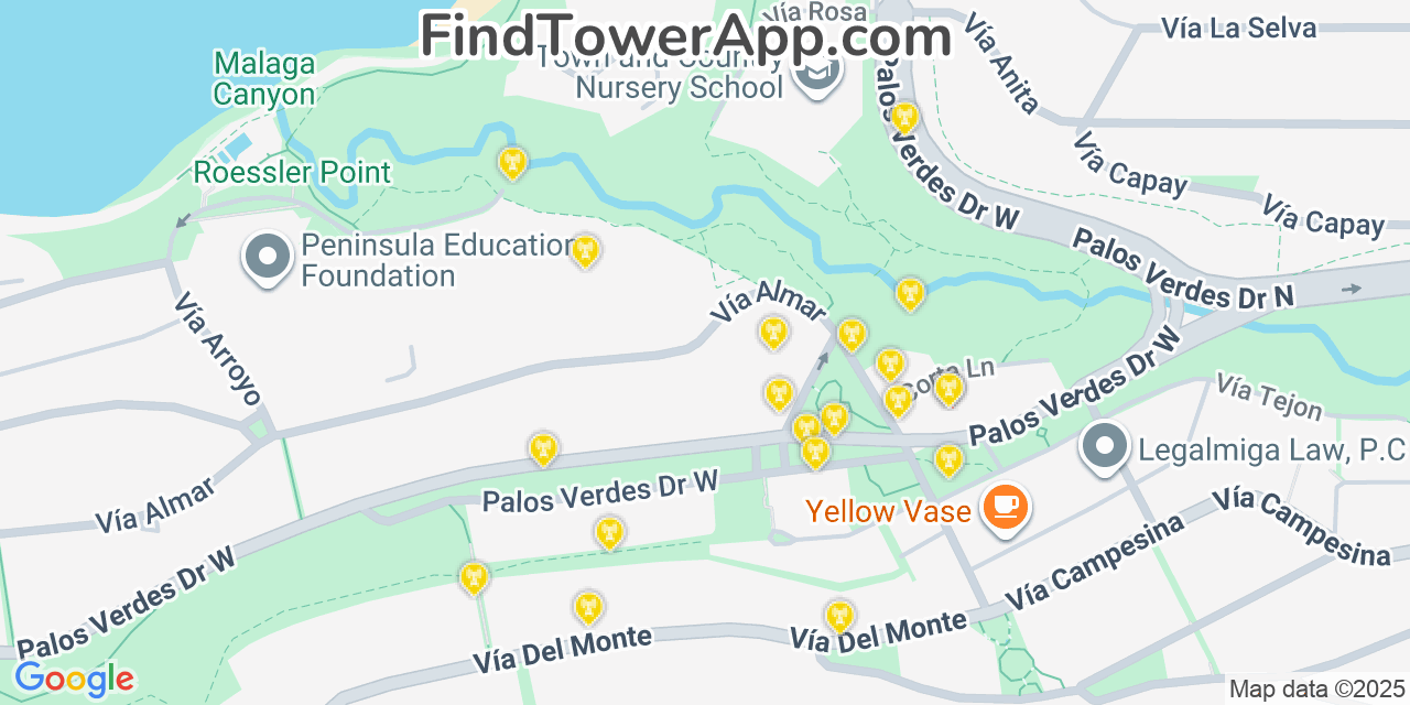 Map showing the 20 primary cell tower locations detected in Palos Verdes Estates, California from AT&T, Verizon, and T-Mobile networks