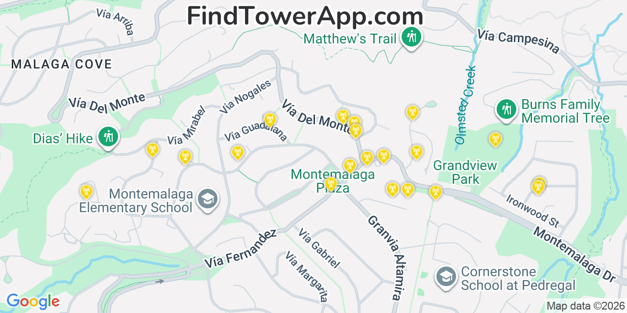 Map showing the 20 primary cell tower locations detected in Palos Verdes Estates, California from AT&T, Verizon, and T-Mobile networks
