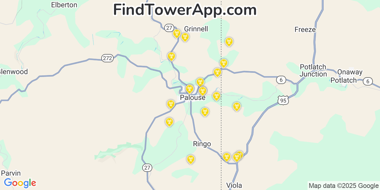 Map showing the 20 primary cell tower locations detected in Palouse, Washington from AT&T, Verizon, and T-Mobile networks