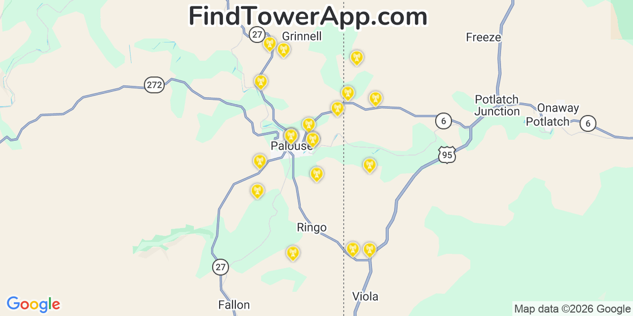 Map showing the 20 primary cell tower locations detected in Palouse, Washington from AT&T, Verizon, and T-Mobile networks