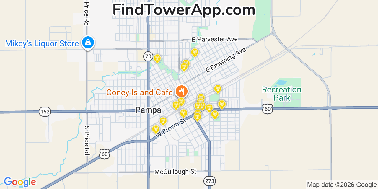 Map showing the 20 primary cell tower locations detected in Pampa, Texas from AT&T, Verizon, and T-Mobile networks