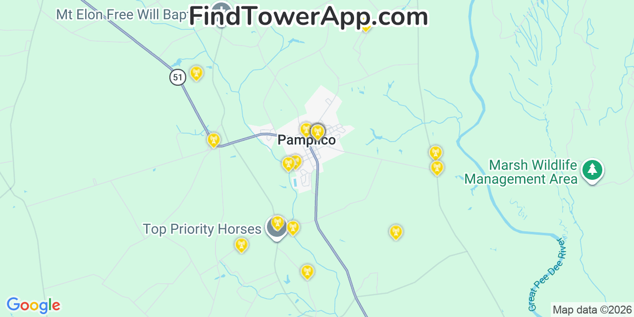 Map showing the 20 primary cell tower locations detected in Pamplico, South Carolina from AT&T, Verizon, and T-Mobile networks