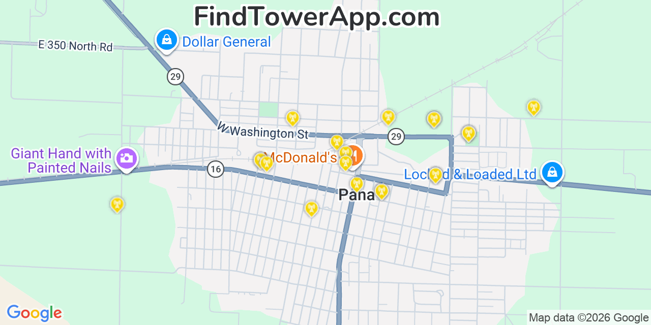 Map showing the 20 primary cell tower locations detected in Pana, Illinois from AT&T, Verizon, and T-Mobile networks