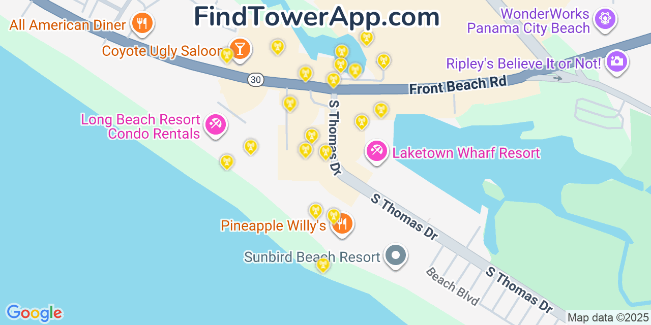 Map showing the 20 primary cell tower locations detected in Panama City Beach, Florida from AT&T, Verizon, and T-Mobile networks
