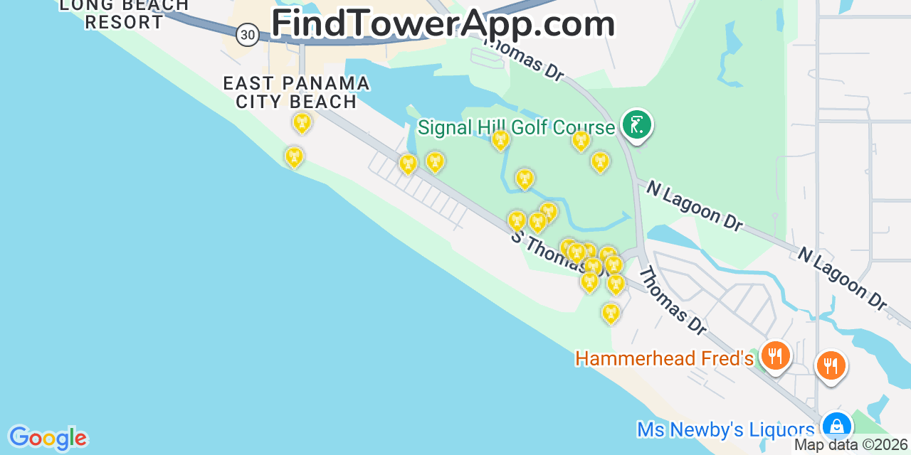 Map showing the 20 primary cell tower locations detected in Panama City Beach, Florida from AT&T, Verizon, and T-Mobile networks